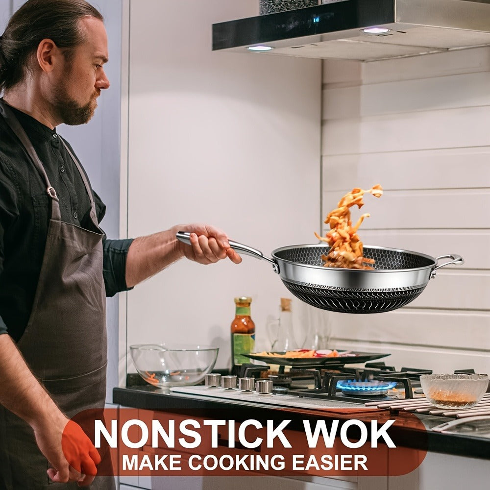 Stainless Steel Wok Set 13.3 Inch Non-stick Honeycomb Design with Lid & 2 Cookware Accessories
