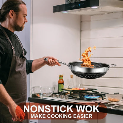 Stainless Steel Wok Set 13.3 Inch Non-stick Honeycomb Design with Lid & 2 Cookware Accessories