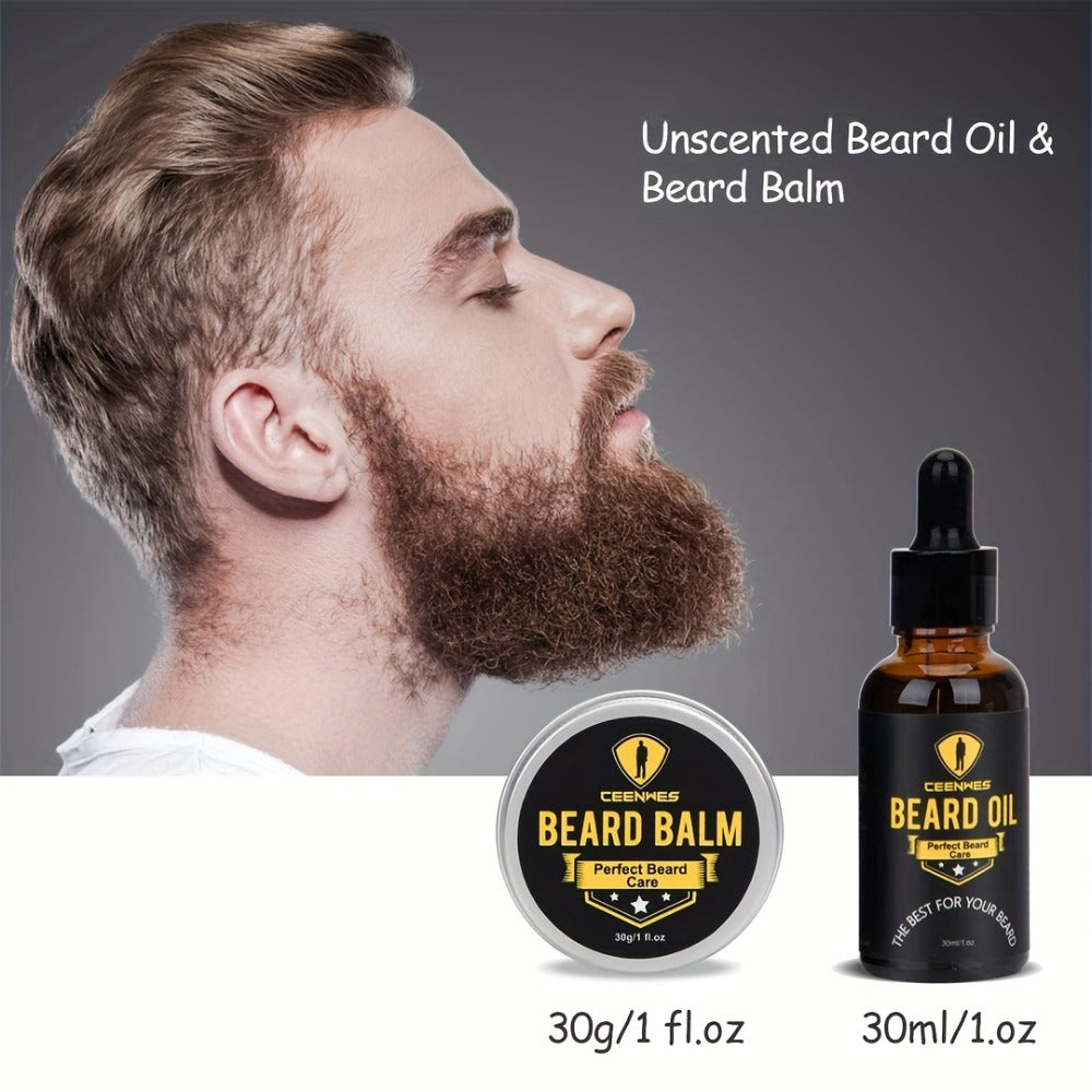 Beard Grooming Kit Men 6-Piece Complete Set – Beard Oil Conditioner Brush Comb Scissors & Storage Bag, All-in-One Beard Care Gift for Dad