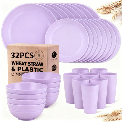 Wheat Straw Dinnerware Set 16 or 32 Piece – Plates & Bowls for 4 or 8 People, Microwave & Dishwasher Safe Plastic Dish Set