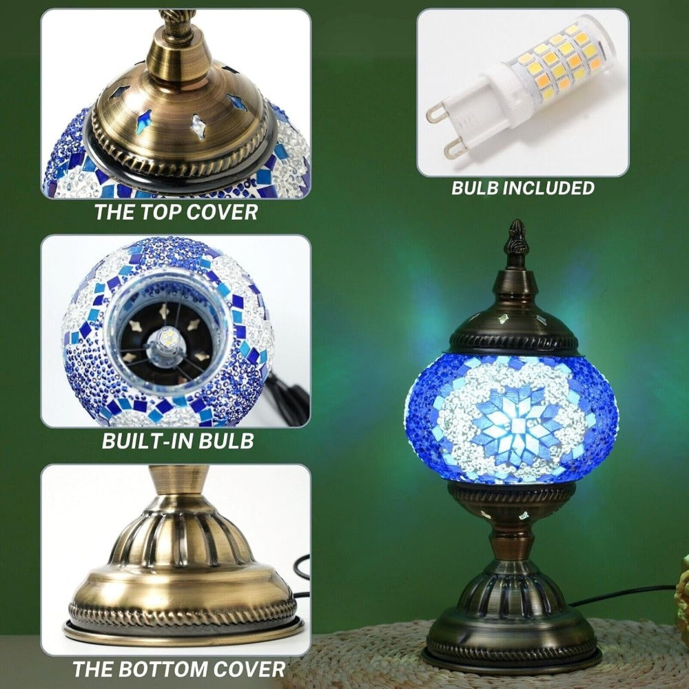 Turkish Moroccan Mosaic Table Lamp Handmade Crystal Glass Spherical Shade 3-Color Adjustable for Entryways, Bedrooms and Living Spaces