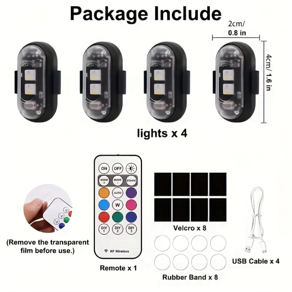 Wireless LED Strip Lights for Car – Magnetic Vibration Sensor, 8 Colors, Remote Control, USB Rechargeable