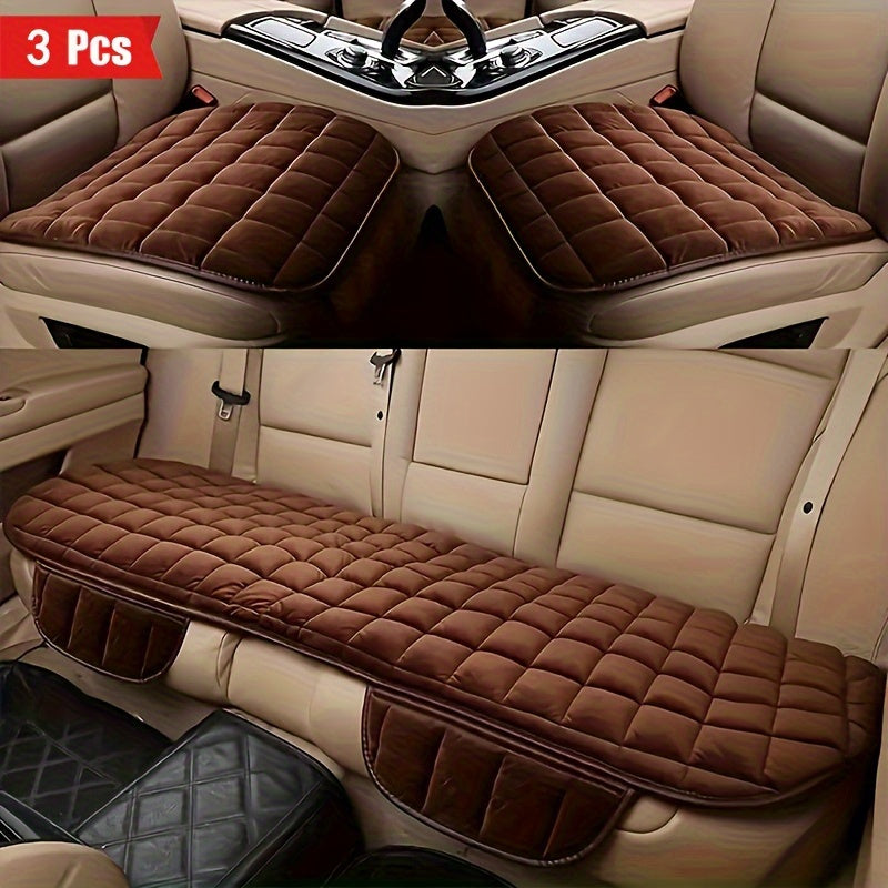 Plush Plaid Car Seat Cushion Three-Piece Set with Two Front Pads, One Rear Pad and Five Color Options