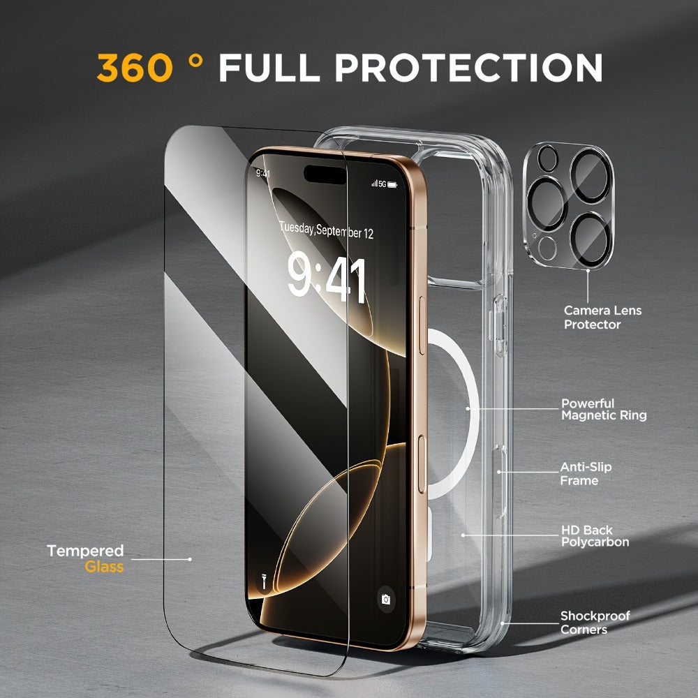 Phone Case Clear TPU and PC Three-Piece Bundle with Screen and Camera Lens Protectors for Select iPhone Models