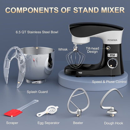 Stand Mixer 6.5 Qt Electric Kitchen Mixer 10-Speed Dough Mixer with Whisk Beater Dough Hook for Home Cooking, Dining and Outdoor Meals