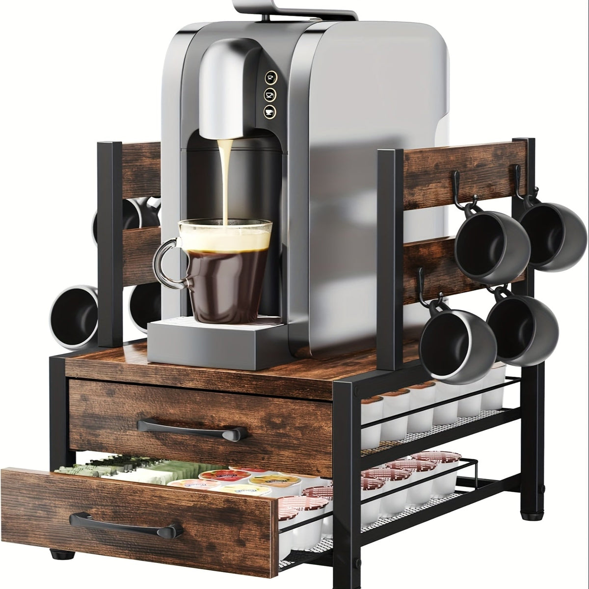 Kitchen Organizer Coffee Capsule and Mug Rack with Single or Double Layer Countertop Stand in Rustic Brown