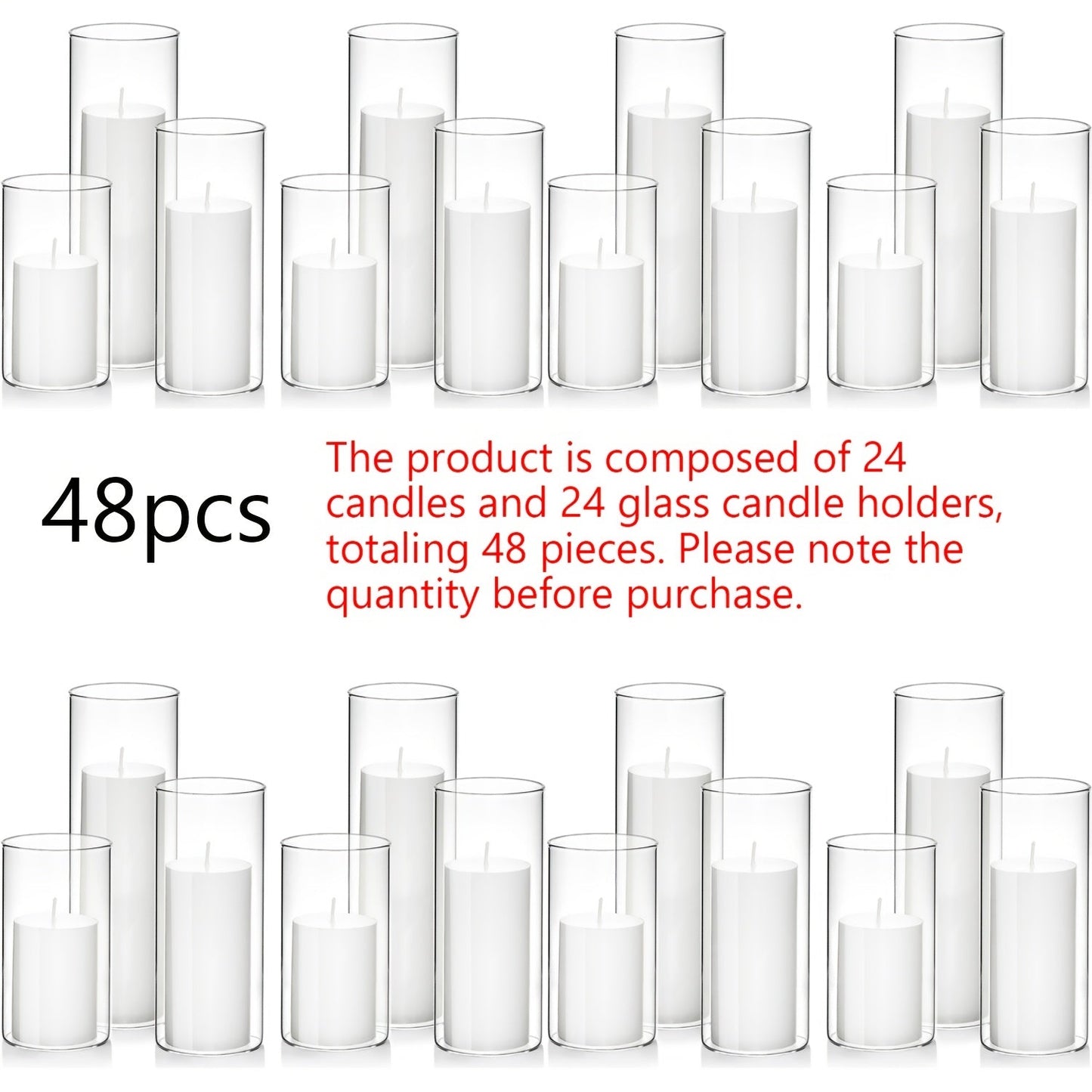 Pillar Candles with Clear Glass Hurricane Holders, Unscented White Cylinder Candles & Vases for Wedding Centerpieces