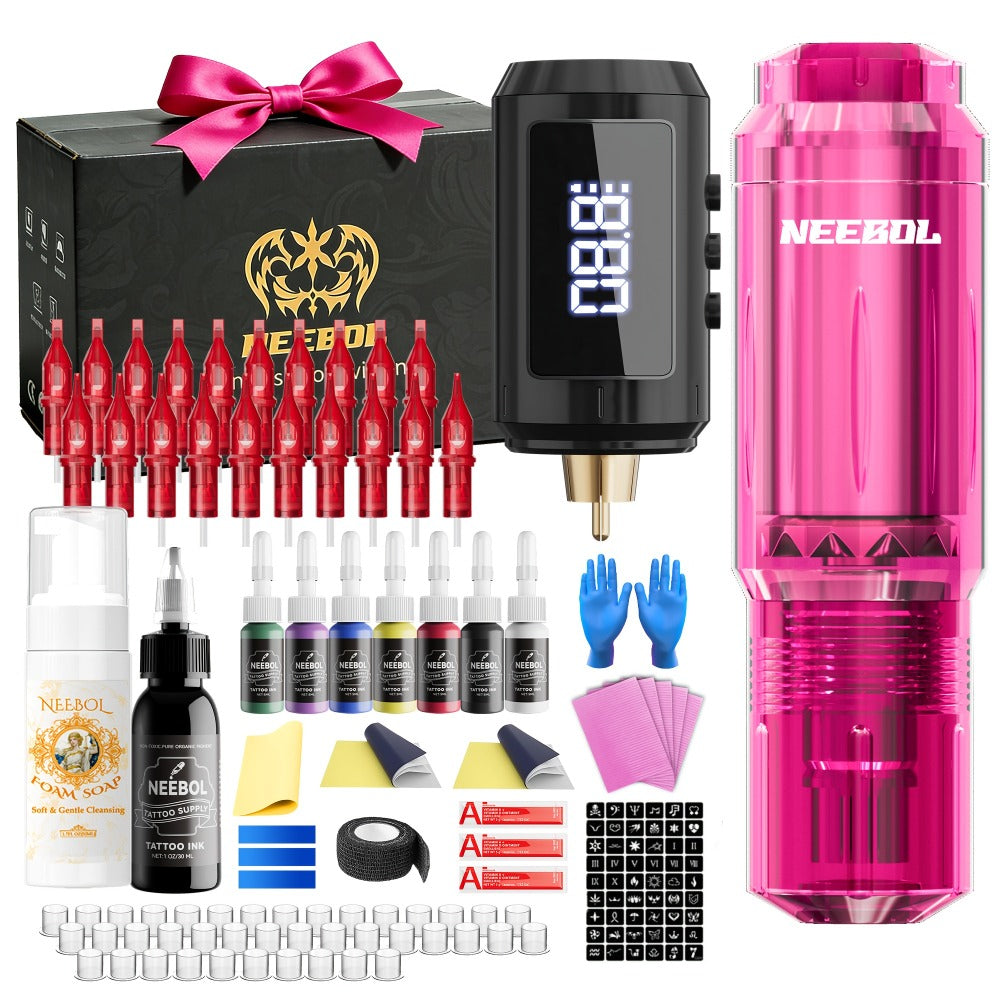 Tattoo Machine Kit Neebol A-07, A-07 Pro or B-08 Cordless Pen with 1600mAh Battery, 20 Cartridges and 8 Inks