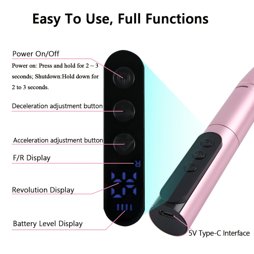 Electric Nail Drill 35000 RPM USB Rechargeable Pen with Digital Display and Three Color Options