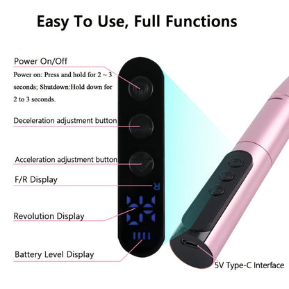 Electric Nail Drill 35000 RPM USB Rechargeable Pen with Digital Display and Three Color Options