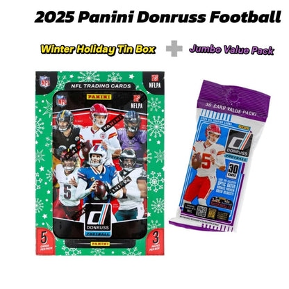 Donruss Football Trading Card Holiday Tin and Jumbo Value Pack Bundle, 2025 with Three Press Proof Purple Cards