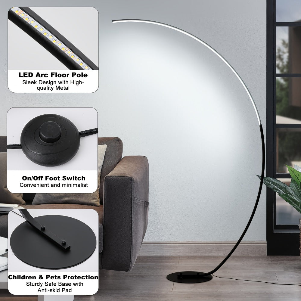 Arched Floor Lamp 65 Inch Modern LED Dimmable with Remote 3 Color Temperatures Curved Black for Entryways, Bedrooms and Living Spaces