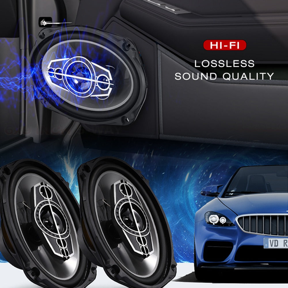 Pair of 6 x 9 Inch Five-Way Coaxial Car Speakers Labeled 1000W Peak, 120W RMS and 4 Ohms with Grilles