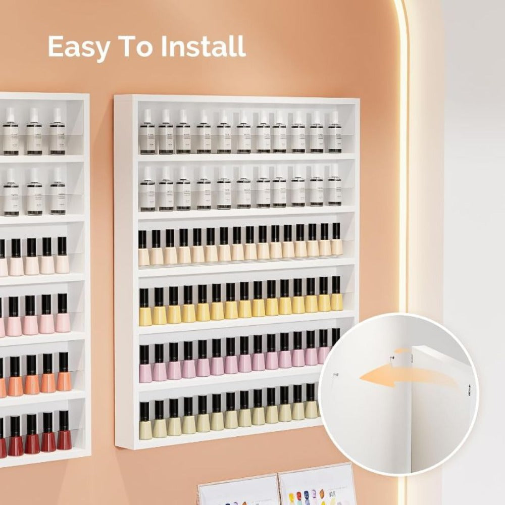 Wall Mount Nail Polish Rack 6 Tier Holds 120 Bottles with Acrylic Baffles – Large Nail Varnish Display Shelf Organizer for Salon Home White