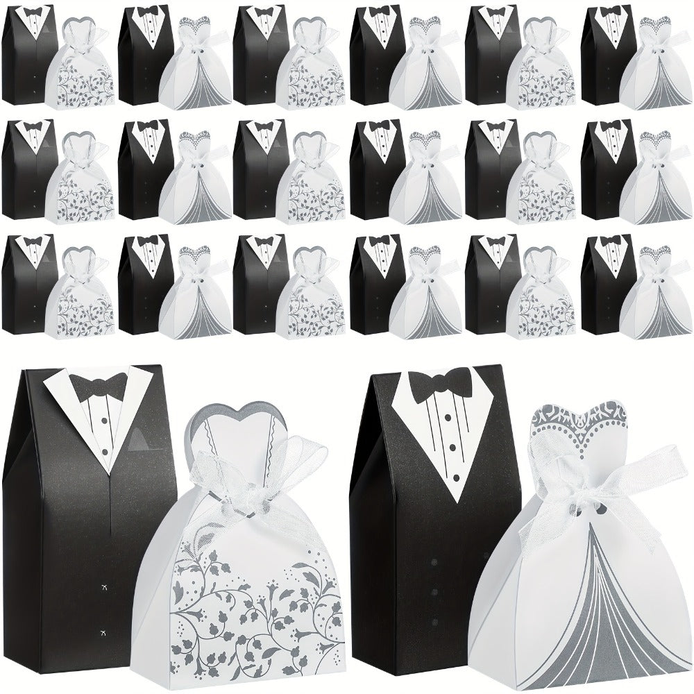 100 Pcs Wedding Party Favor Boxes Dress & Tuxedo Candy Gift Boxes with Ribbon, Vintage Bridal Shower Birthday Bags Bulk Decoration