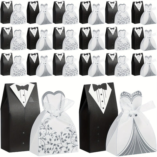 100 Pcs Wedding Party Favor Boxes Dress & Tuxedo Candy Gift Boxes with Ribbon, Vintage Bridal Shower Birthday Bags Bulk Decoration