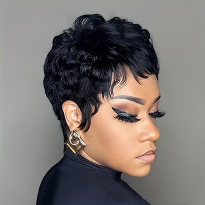 4-Inch Straight Layered Pixie Human Hair Wig in Black with 150% Density and Machine-Made Rose Net Cap