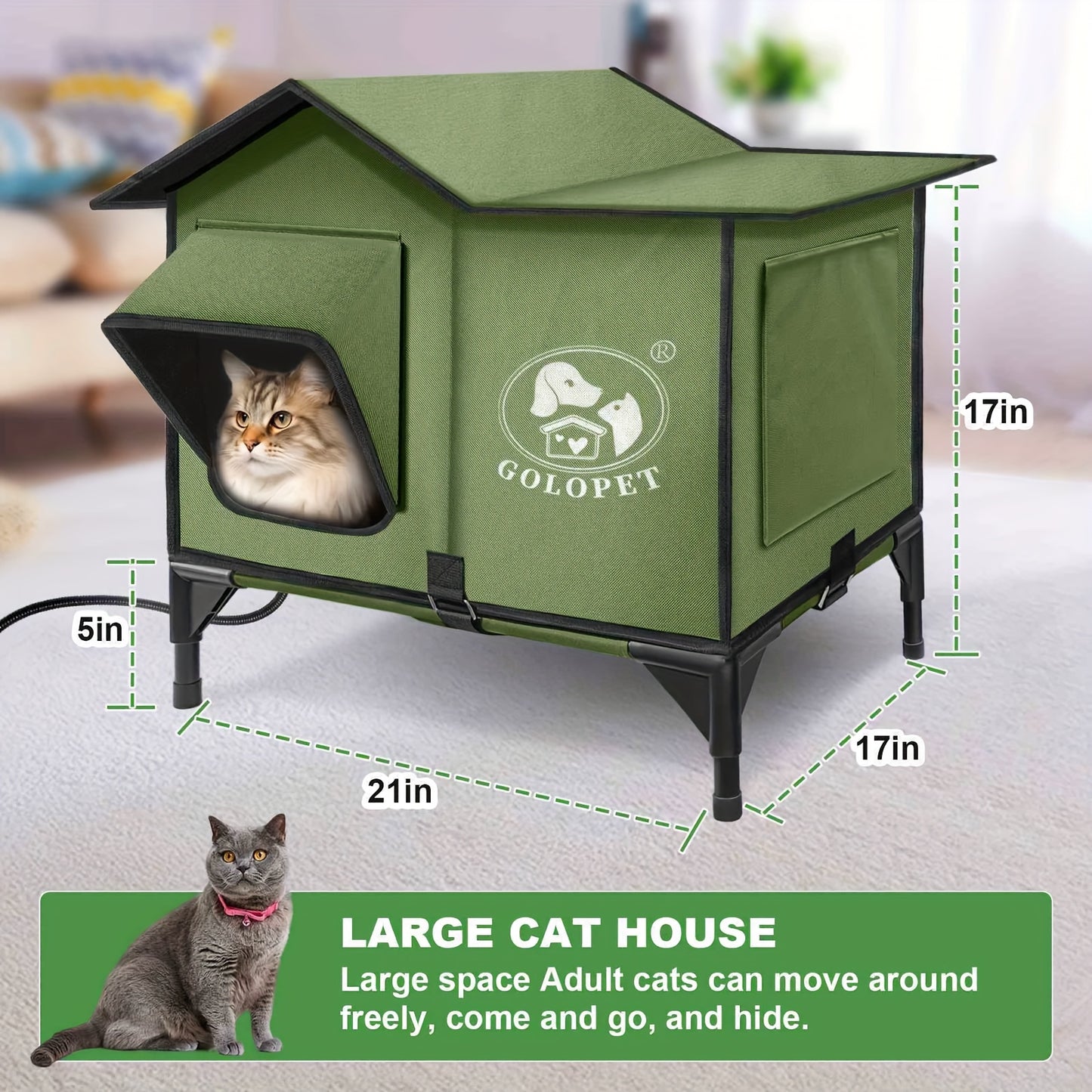 Elevated Cat House & Dog Bed with Detachable Heating Pad – Raised Outdoor Indoor Pet Bed for Cats Small Dogs