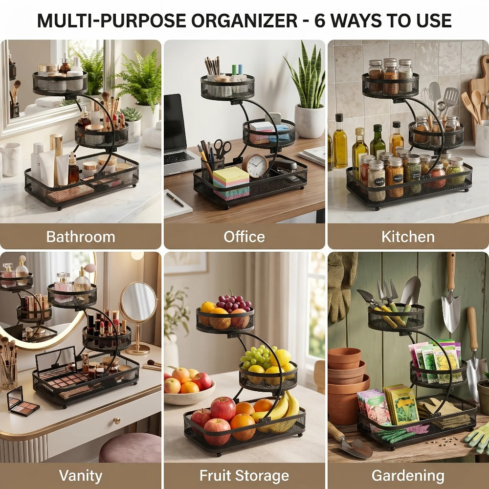 Three-Tier Metal Mesh Countertop Organizer with Black or White Finish and Optional Hooks or Spray Bottles