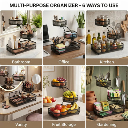 Three-Tier Metal Mesh Countertop Organizer with Black or White Finish and Optional Hooks or Spray Bottles