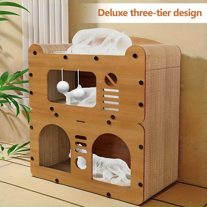 Cat Tree Condo House with Scratching Board – Multi-Level Cat House for Indoor Cats with Dual Scratching Posts