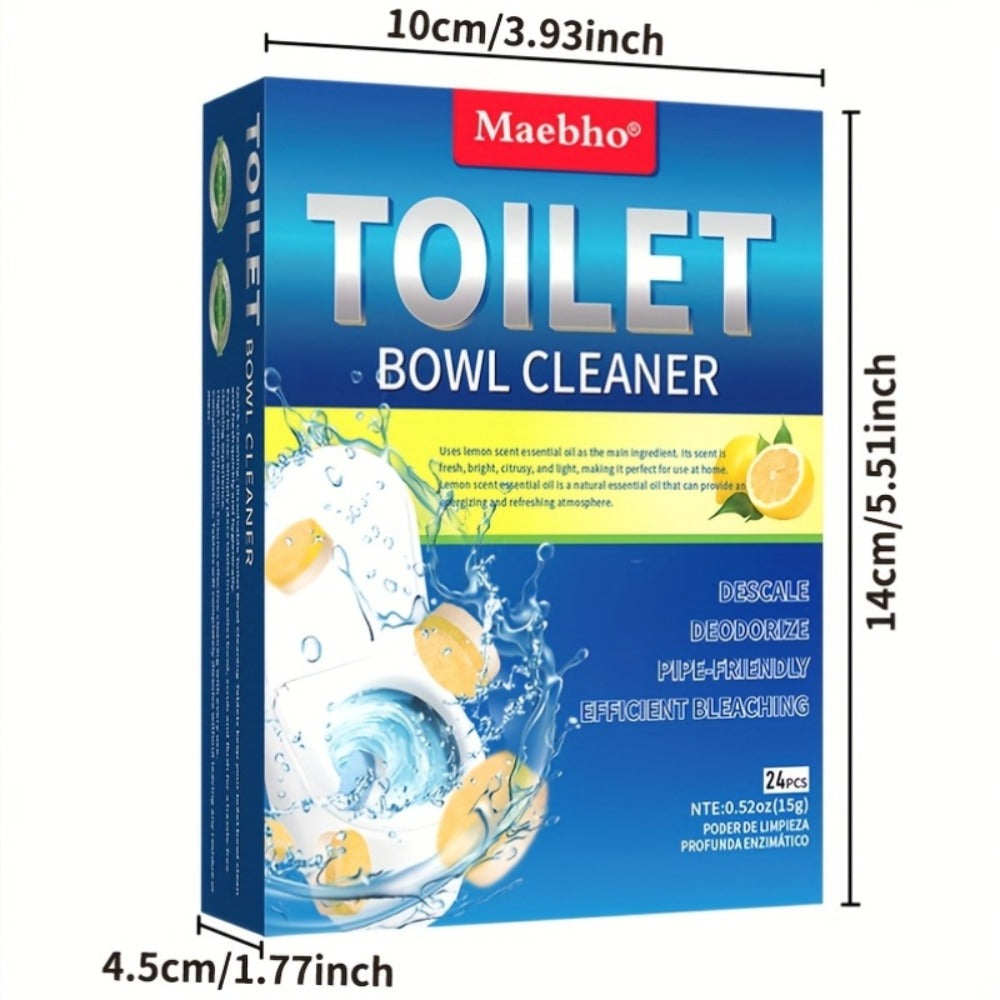 Yellow Toilet Bowl Cleaner Tablets with Lemon Graphics and 24-Piece Box Option in Pictured 10 x 14 cm Package
