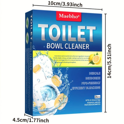 Yellow Toilet Bowl Cleaner Tablets with Lemon Graphics and 24-Piece Box Option in Pictured 10 x 14 cm Package