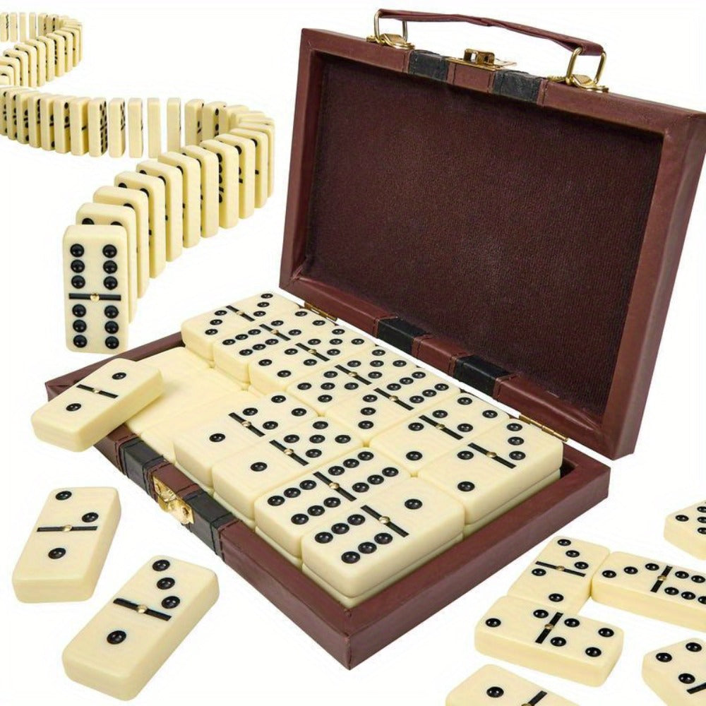 Domino Set 28 Tiles Classic Black with Leather Case – Durable Plastic Dominoes Portable Storage Box for Family Games Party Group Play