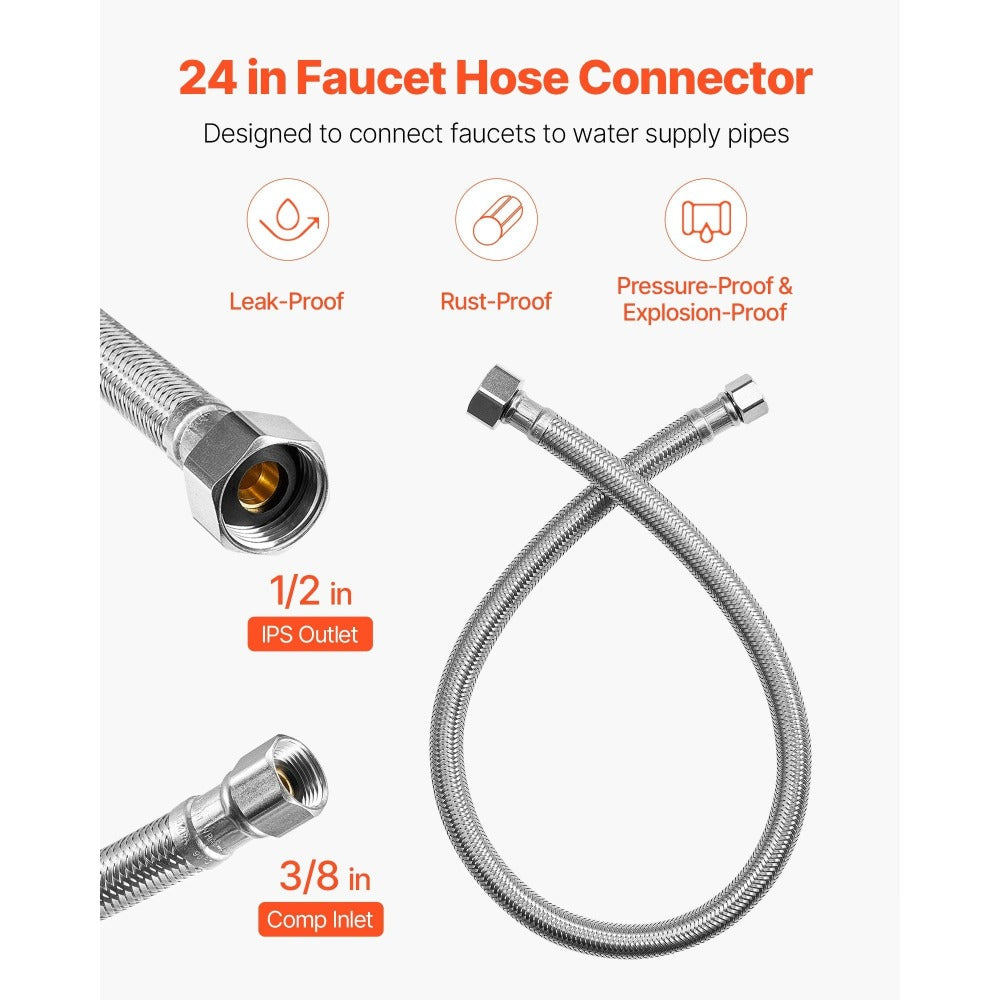 Braided Stainless Steel Faucet Supply Line – 304 SS Exterior, TPV Inner Tube, 3/8" Comp x 1/2" FIP