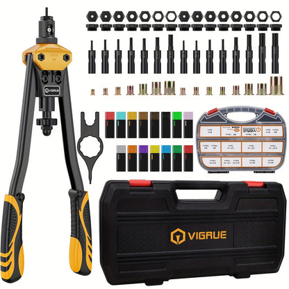 Rivet Nut Tool Kit 16-Inch – Hand Riveter Set with 15 Mandrels M3-M12 & 6-32 to 1/2-13, 300 Metric & SAE Rivet Nuts Included