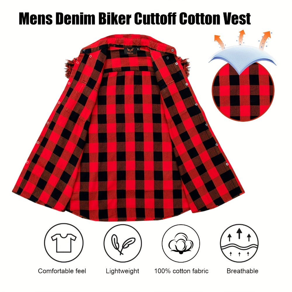 Men's Plaid Sleeveless Shirt with Fringe Hem, Checkered Cotton Button-Up Vest Top, Crew Neck Regular Fit for Streetwear Beach Vacation