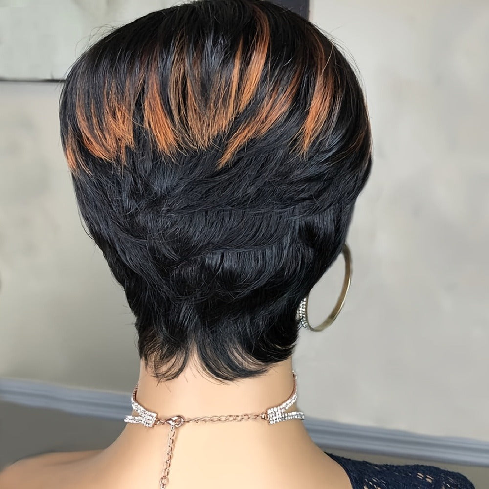 Synthetic Wig 4-Inch Layered Pixie with Bangs, Black-Blonde Look and Rose Net Cap for Daily Style