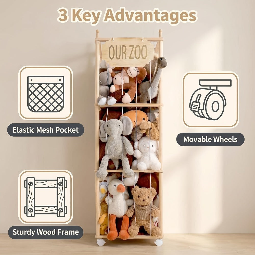 Stuffed Animal Storage Tower Wooden Zoo Cage Design Large Plush Toy Organizer Holder for Kids for Entryways, Bedrooms and Living Spaces