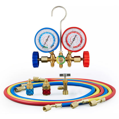 AC Manifold Gauge Set 3-Way with Color-Coded Hoses & Adapters for R134A R22 R12 R404A – HVAC Diagnostics A/C Recharge Leak Detection 0-500