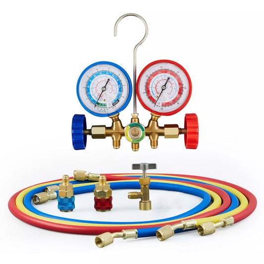 AC Manifold Gauge Set 3-Way with Color-Coded Hoses & Adapters for R134A R22 R12 R404A – HVAC Diagnostics A/C Recharge Leak Detection 0-500