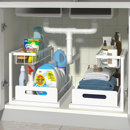 Under Sink Storage Organizer 2-Tier Sliding Metal Shelf in 1-Pack or 2-Pack, Black, White or Gray