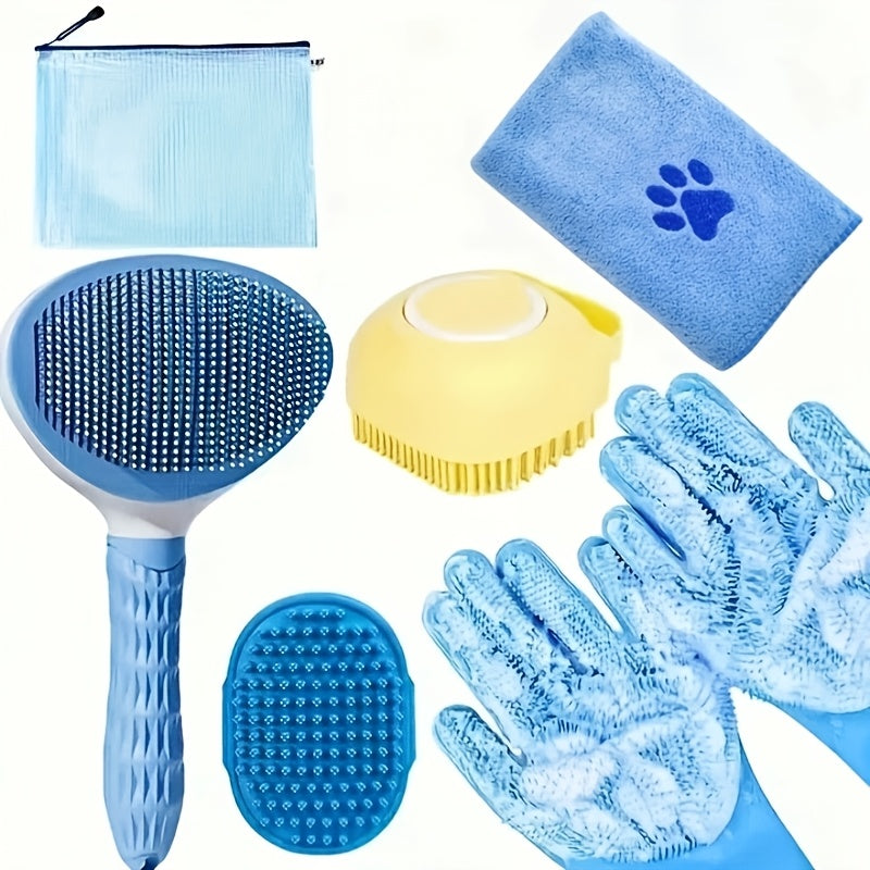 Dog Grooming Kit Set 6pcs – Pet Brush, Microfiber Towel, Washing Gloves & Shedding Tool, No Power Required