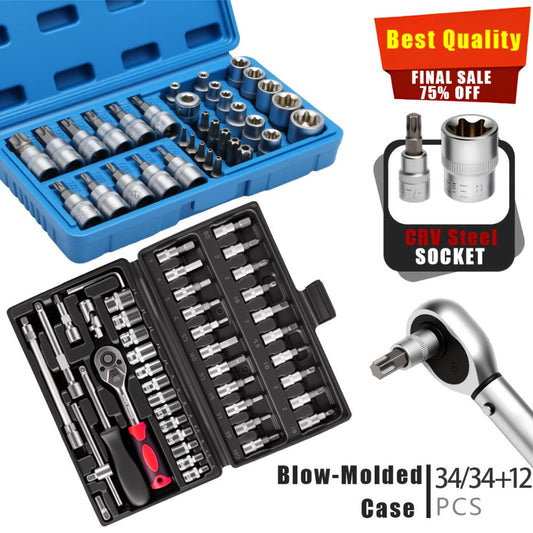 Torx Star Bit Socket Set 34/46-Piece – 3/8" Drive CR-V E-Socket E4-E20, T10-T60, Tamper-Proof TT10-TT55, S2 Steel, 5/16"F to 3/8"M Adapter
