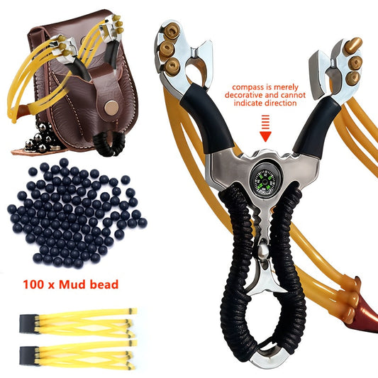 Alloy High-Velocity Slingshot Set for Hunting – Professional Catapult with Slingshot Bag, 100 Mud Beads & 2 Rubber Bands | Outdoor Target