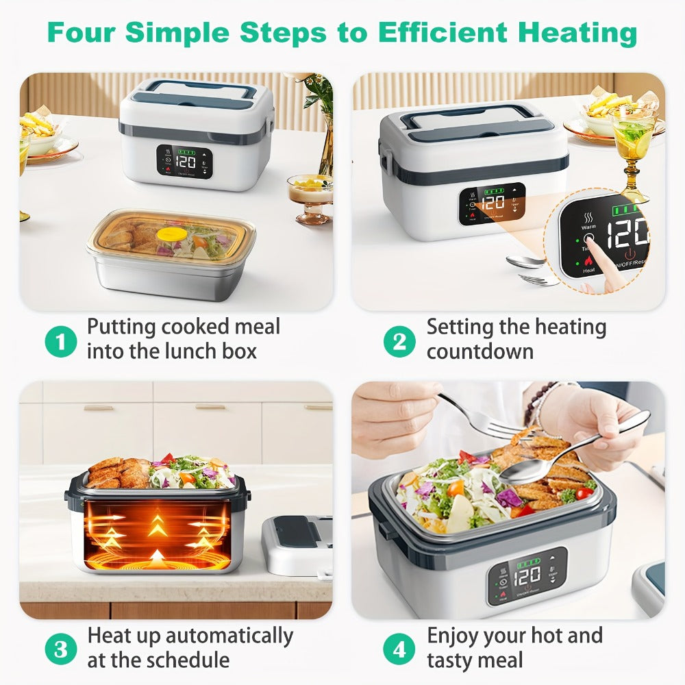 Heated Lunch Box, 8000mAh Battery-Powered 60W Food Warmer with 1L Stainless Steel Inner Container