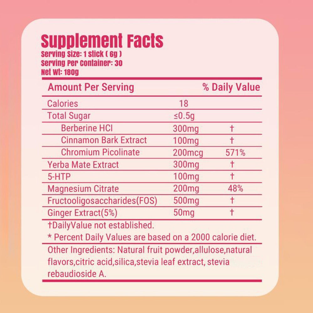 Dietary Supplement Stick Packs with Mirtyalyad Label, Berberine, Yerba Mate, 30 Sticks and 180g Net Weight
