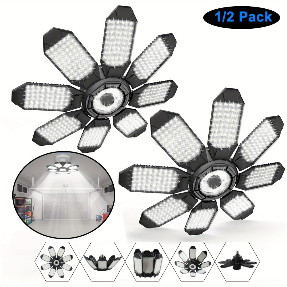LED Garage Lights 25000LM Deformable, 250W Equivalent E26/E27 Screw-In Ceiling Shop Light with 6+1 / 8+1 Adjustable Panels for Garage