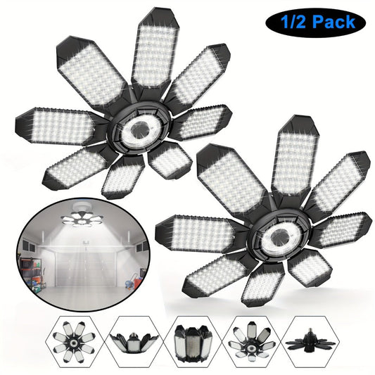 LED Garage Lights 25000LM Deformable, 250W Equivalent E26/E27 Screw-In Ceiling Shop Light with 6+1 / 8+1 Adjustable Panels for Garage