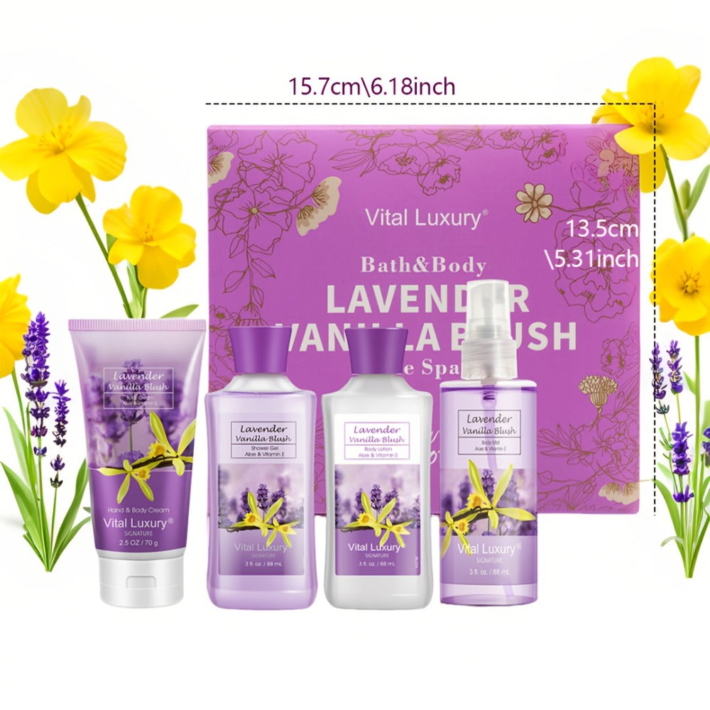 Luxury Bath Gift Set for Women 4pcs Lavender Vanilla Body Care Kit Shower Gel Body Lotion for Entryways, Bedrooms and Living Spaces