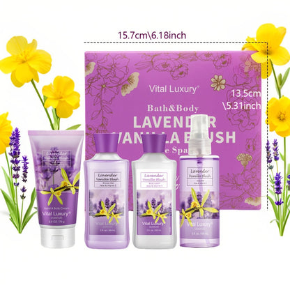 Luxury Bath Gift Set for Women 4pcs Lavender Vanilla Body Care Kit Shower Gel Body Lotion for Entryways, Bedrooms and Living Spaces