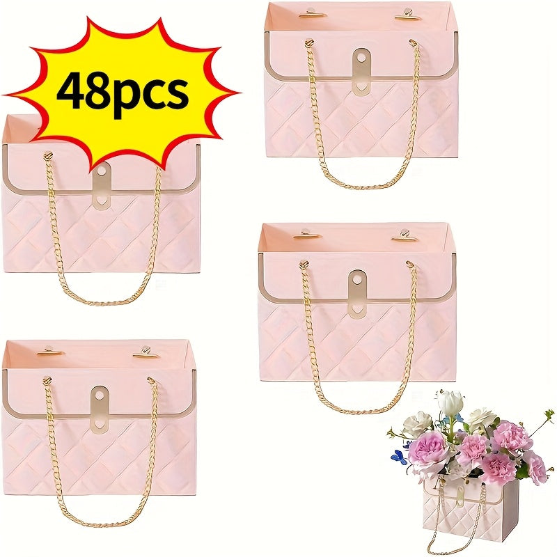 Paper Flower Bouquet Gift Bags with Metal Chain Handle Bulk – 12/24/36/48 Pcs Tote Bags for Wedding Party Birthday Florist Graduation