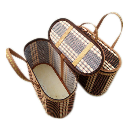Woven Picnic Storage Basket with Fitted Checked Lid and Carry Handles, 14.17 x 6.3 x 10.24 Inches