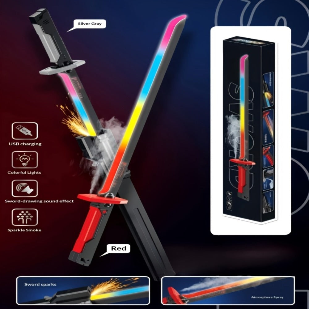 LED Light Katana Sword 31.5", Pro Cosplay Luminous Saber with Spark-on-Draw, Multi-Color LED