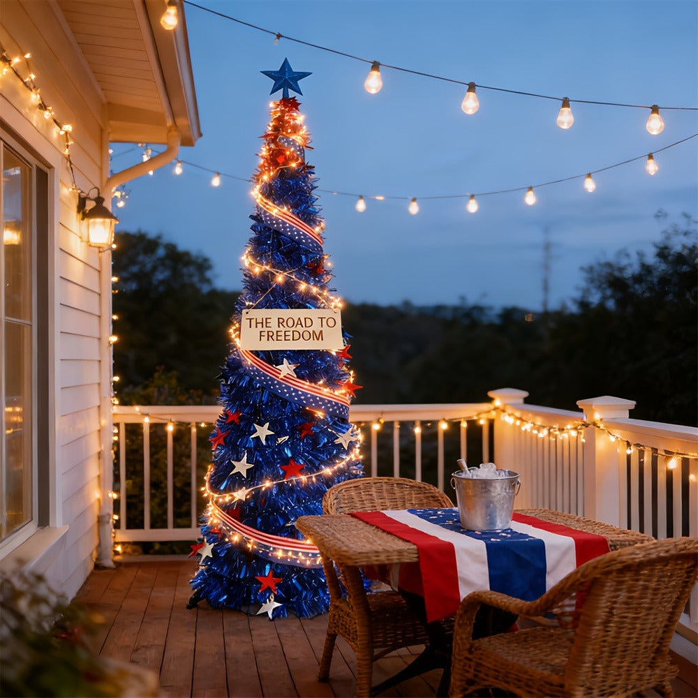 4th of July Decorative Tree 5ft LED Light, Foldable Patriotic Stars & Stripes Blue Christmas Tree with Red White Blue LED String Lights