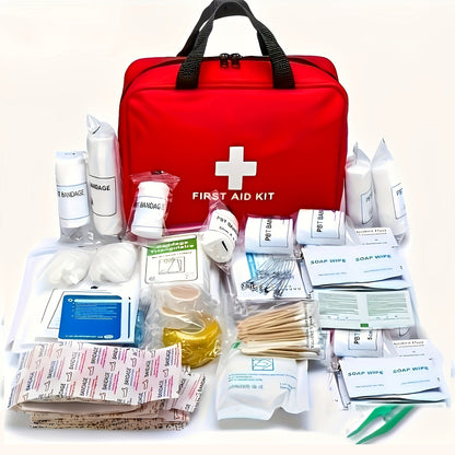 25-Item First Aid Kit with Red Handled Zipper Case, Two Mesh Sections and Labeled Supply Packets
